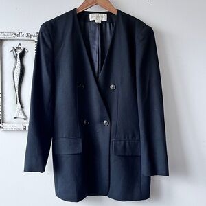 Vintage 80s Jones New York Double Breasted Collarless Wool USA Made Blazer Sz 8